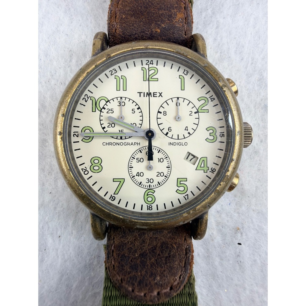 Timex Weekender Chronograph Brass Tone Watch Olive Green Nylon Leather Strap